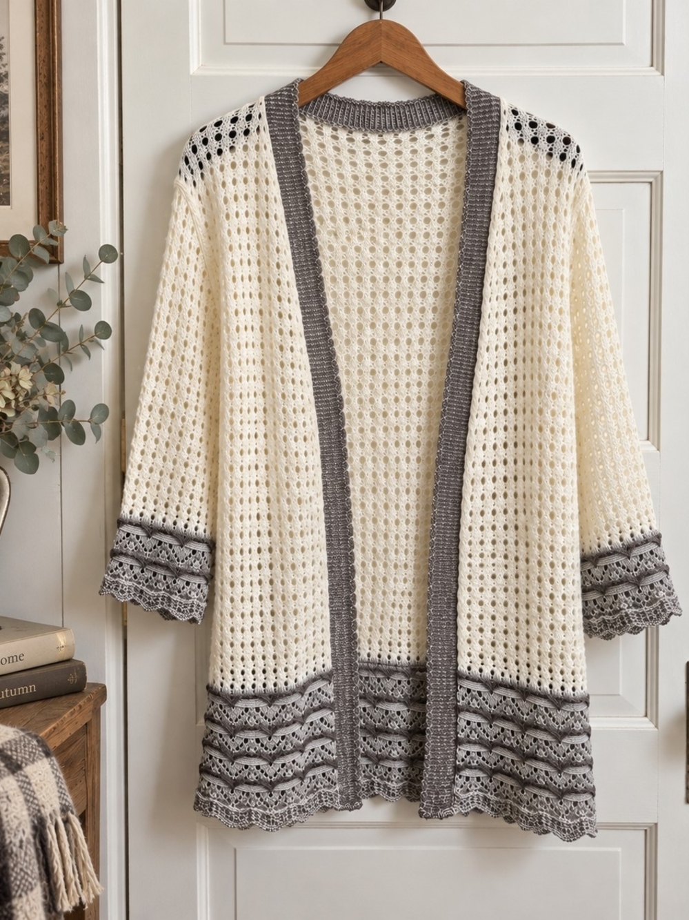 Cream Gray Openwork Knit Cardigan Boho Artisan Style Longline